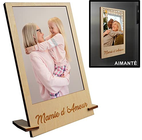 ZINELLO DESIGN - Marco de fotos personalizado de madera imán para nevera o con soporte para abuelita | Foto formato estándar 10 x 15 cm | Portafotos magnético para superficie metálica | Idea de regalo
