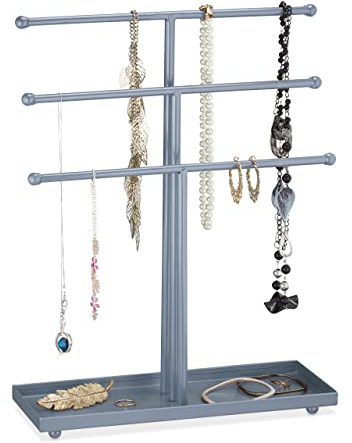 Relaxdays Schmuckständer, T-förmig, 3 Ebenen, für Ketten, Armbänder & Ohrringe, mit Ablage, Kettenhalter Metall, Silber, 40 x 31 x 11 cm
