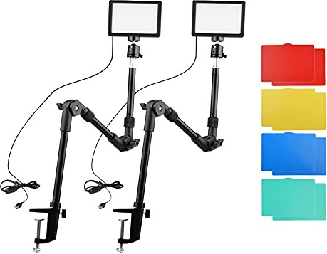 Andoer USB Video Conference Lighting Kit Including 2 * LED Video Lights 3200K-5600K Dimmable + 2 * Foldable Desk Mount Light Stands + 2 * Flexible Ballhead Adapter + 10 * Color Filters