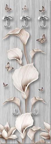 Deco Italia Appendiabiti da Parete Fiori Beige, Pannello in Legno con 3 + 2 Ganci | Misura 46 x 125 cm