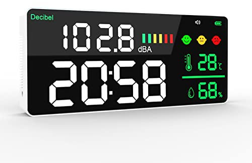 Decibel Meter Wall Hanging Sound Level Meter 11in Large LED Display +Time + Humidity + Temperature; 4 in 1 Decibel Meter 30-130dB Rang DB Meter & SPL Meter Wide Applications for Home, Studio