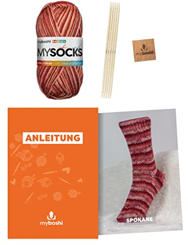 myboshi Strickset Socken Spokane für Anfänger, inkl. mysocks, 4-fädige Sockenwolle, Nadelspiel, Anleitung, Label, 75% Schurwolle, 25% Polyamid Rot (Knudsen) mit Nadelspiel