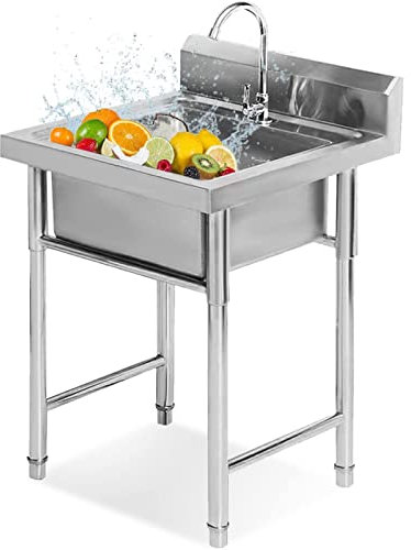 Spülbecken Edelstahl Werkstatt Spüle Standwaschbecken Waschtrog Outdoor mit Wasserhahn,für Wäscherei,Garage,Schule