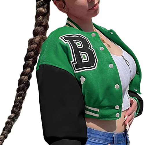 babyhealthy Womens Crop Varsity Jacket Stitched Leather Baseball Bomber Jacket Y2K Streetwear Short Coat A Green