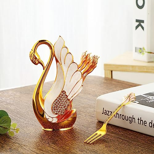BBTISG 7 Pcs Gold Fruit Coffee Spoon or Forks Set, Swan Base Holder with 6 Pcs Ice Cream Spoons Forks Coffee Dessert Spoon Set (Gold Fork)