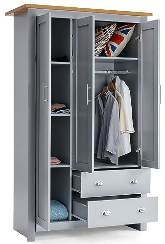 3 Door 2 Drawer Wardrobe For Bedroom MDF With Shelf Hanging Rail Cloth Storage Wooden Wardrobe With Drawer Large Cupboard Bedroom Furniture, Grey & Oak