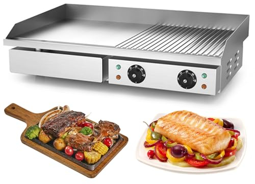 RUYICZB Plancha Eléctrica para Cocina Parrilla Profesional Plancha Barbacoa Acero Inoxidable (Placa: 728 X 400 Mm,Potencia: 2 X 2.200 W, Antisalpique, Protector contra Salpicaduras)