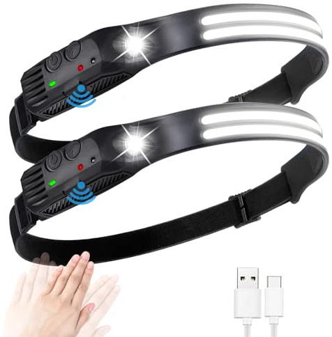 flintronic 2PC Linterna Frontal led Recargable LED por USB, 5 Modos 600 Lúmenes Luz Frontal LED COB, IPX4 Linterna Frontal Liviana Impermeable de Gran Angular de 230 ° con Sensor de Movimiento