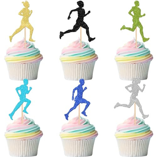 24 PCS Running Cupcake Toppers Colorful Glitter Sports Fitness Cupcake Picks for Running Theme Boys Girls Marathon Birthday Party Cake Decorations Supplies
