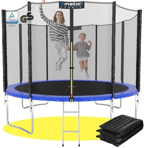 KINETIC SPORTS Trampolin Outdoor 'Salto Plus' Ø 275 cm – TÜV Rheinland geprüft, Komplett-Set für Kinder, USA Sprungtuch, Netz, Randpolster, Leiter – bis 160 kg, Blau