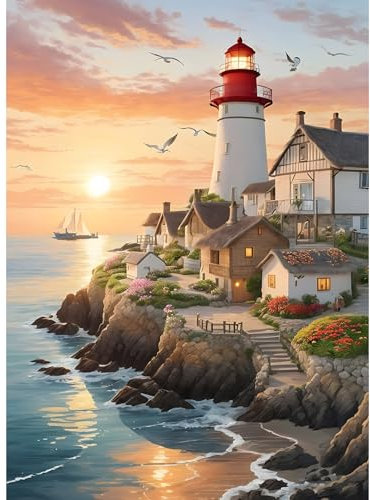 MXJSUA Malen nach Zahlen Erwachsene, Garten am Meer DIY Handgemalt Ölgemälde Kit 40x60cm, Paint by Numbers Adult Mit 3 Pinseln und Acrylfarbe Leinwand Kit, Geschenke und Home Haus Deko