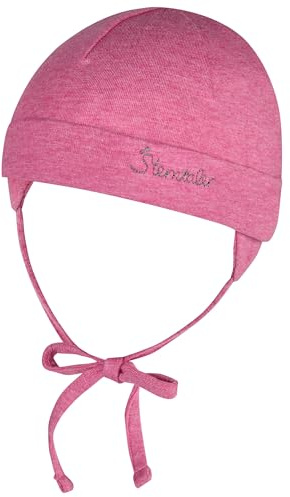 Sterntaler OCS Beanie mit Umschlag – Mütze aus Melange-Singlejersey (Bio) mit Ohrenklappen, Bindeband & Stickmotiv – Mädchen Baby Übergangsmütze – pink Melange, Gr. 39