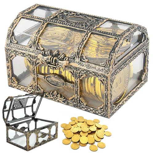2PCS Small Transparent Treasure Chest for Kids, 10.5x8x6.5cm Mini Pirate Storage Box, Golden Vintage Jewelry Container, Decorative Home Decor