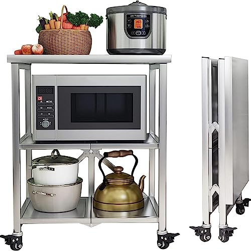 SLGGPJBU Folding Serving Trolleys 3-Tier Stainless Steel Storage Cart On Wheels - Rolling Catering Storage Organizer Rack, Movable Bar Service Trolley Table with Brake for Kitchen Hotels Restaurants