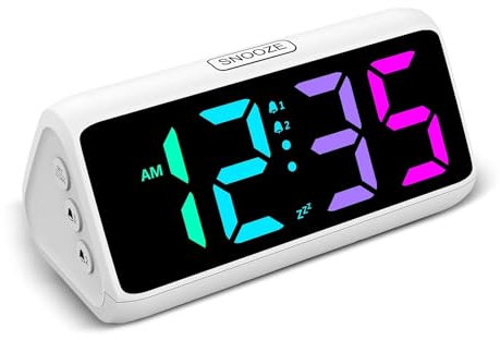 Netzu Reloj Despertador Fuerte para Personas Que Duermen pesadamente, Relojes Despertador RGB para dormitorios y niños Mayores, Reloj Digital enchufable con 5 atenuadores, 2 alarmas(Blanco)