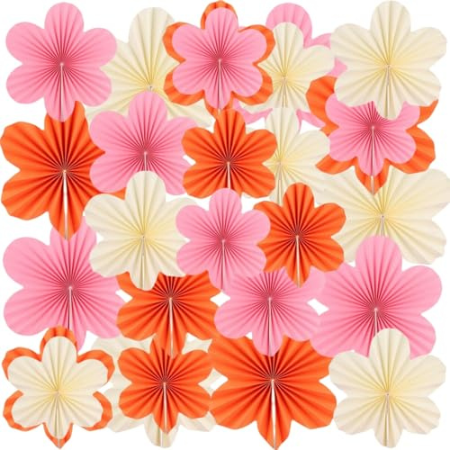 LDXDRU Papierblumen-Dekoration für die Wand, Papierblumen-Hintergrunddekoration, orange-rosa-weiß, Party-Dekoration, hängende Papierblumenfächer, Dekoration für Geburtstage, Hochzeiten, Dekoration, 18