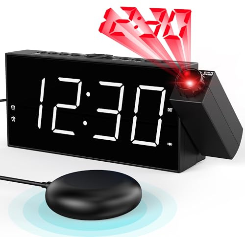 Mesqool Despertador para Sordos con Vibracion, Despertador Proyección con 180° Proyector, Gran Pantalla led, 5 Brillos, 2 Relojes Despertadores, Snooze para Dormitorio/Oficina/Cocina