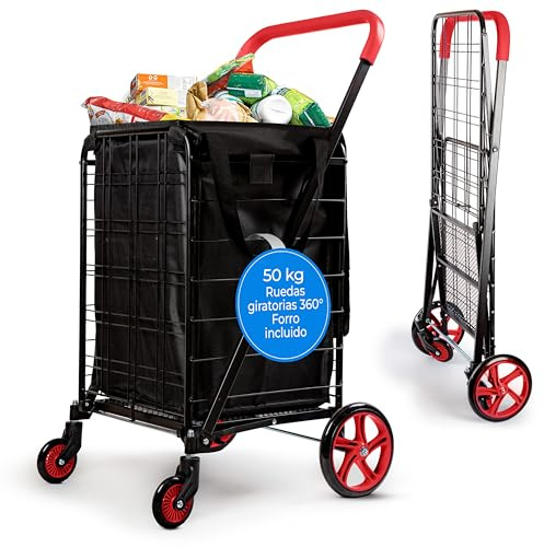 SereneLife Carrello Spesa Pieghevole Grande con Fodera Rimovibile, Carrellino con Ruote Portatutto, Portata 50 kg, Ruote 360°, per Spesa, Bucato, Viaggi, Rosso