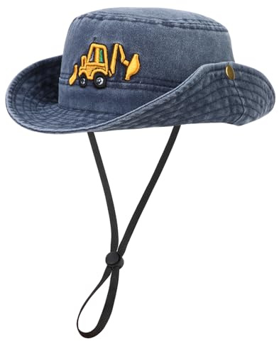QKURT Sonnenhut für Jungen, Anglerhut mit Sonnenschutz für den Sommer, Fischerhut mit Baggermuster Verstellbares abnehmbares Nackenband, Cowboy-Kappe für Kinder von 2–4 Jahren