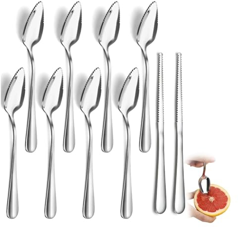 Hlxnyami Ensemble de Couverts en Acier Inoxydable pour Pamplemousse 10 Pièces, Cuillères et Couteaux à Pamplemousse avec Bord Dentelé
