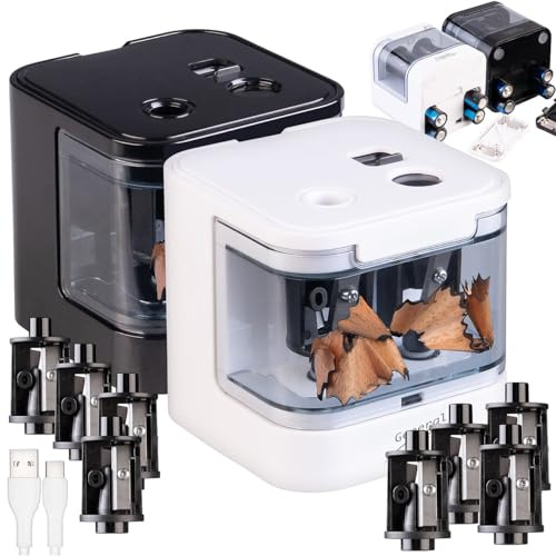 General Office Doppelspitzer: 2er-Set Bleistiftspitzer, USB- & Batterie-Betrieb, 6-12 mm Ø Stifte (Automatische Bleistift-Spitzer, Elektronischer Spitzer, Messer)