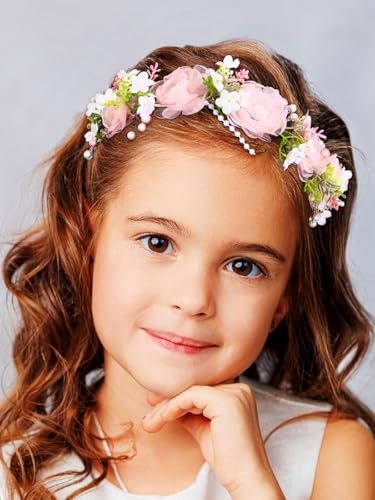 IYOU Blumenmädchen Stirnband Rosa Blumen Haar Kranz Kommunion Hochzeit Haarschmuck für Mädchen