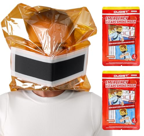ougist Fire Escape Smoke Hood 2 Pack, Full Face Emergency Smoke Mask, Quick Pull-On Design, High Visibility Yellow Hood for Home, Apartment, Hotel and Travel Emergency Use