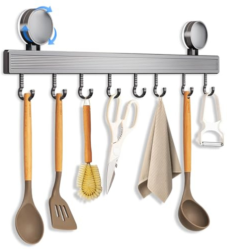 QHSXMQ Barre à crochets de cuisine sans perçage avec ventouse | 8 Crochets, 40 cm de long, capacité de charge 20 kg, installation en 1 minute | Barre à Crochets amovible en acier inoxydable