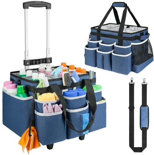 ZIOZERTT Large Rolling Cleaning Caddy Bag with Detachable Trolley,Cleaning Cart on Wheels with Shoulder Strap,Cleaning Supplies Organizer for Housekeepers,Blue