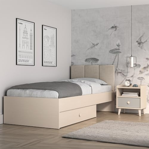 Lomadox Jugendzimmer Set 2-teilig in Sandbeige mit grau Bett 90x200 cm Polsterkopfteil Nachtschrank Bettschubkasten Softclose-Schubladen