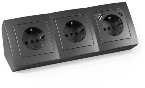 Steckdosenblock 3-Fach & USB-A & USB-C anthrazit für Küche und Büro - hochwertige Steckdose Steckdosenleiste Ecksteckdose Tischsteckdose Unterbausteckdose Aufbausteckdose 15cm Kabel Möbelsteckdose