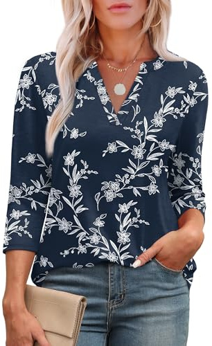 Aokosor Womens 3/4 Sleeve Tops Ladies Blouses Crew Neck Pleated Shirts Fashion Dressy Tunic Blouses