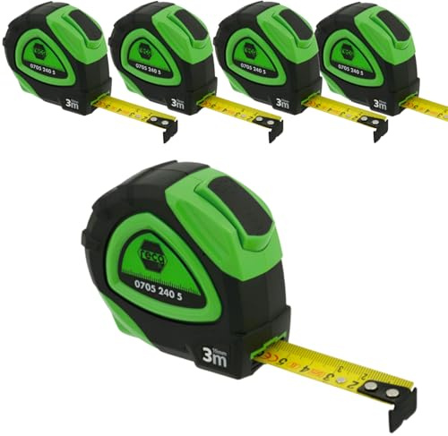RECA 5 Stück Profi Rollbandmaß 3 m x 16 mm – 5x Bandmaß Nylonband mit vertikaler Rückseite, Gürtelclip, automatischem Einzug & schlagfestem 2K-Gehäuse