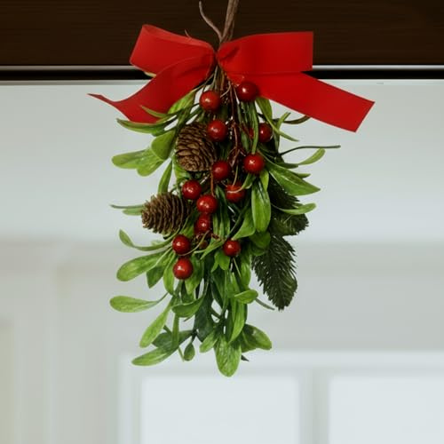 Daifunli 12 '' Large Christmas Mistletoe Decor Xmas Holiday Artificial Mistletoe Giant Kissing Hanging Bouquet Christmas Ornament with Sprigs Red White Berries for Xmas Floral Garland (1 Pcs,Velvet)