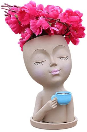 Vaso da fiori con testa – ragazza beve fioriera di caffè, vaso per piante grasse | vaso per il viso in resina, con foro di drenaggio per la scrivania del