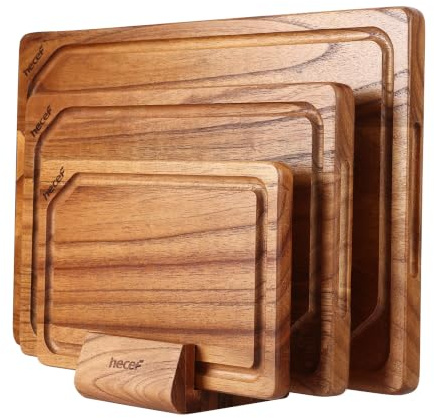 hecef 3-Piece Wooden Chopping Board Set with Stand | Durable Reversible, Juice Grooves, Built-in Handles, Serving Food Platter