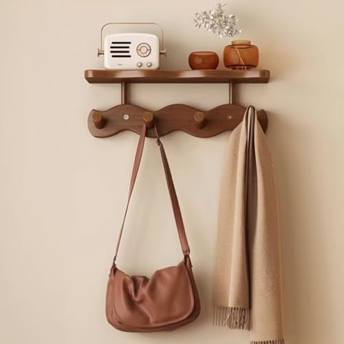 Estantes flotantes de roble nogal con 4 ganchos, estante de pared de madera maciza para baño, dormitorio, sala de estar, entrada, oficina y lavandería, almacenamiento y exhibición