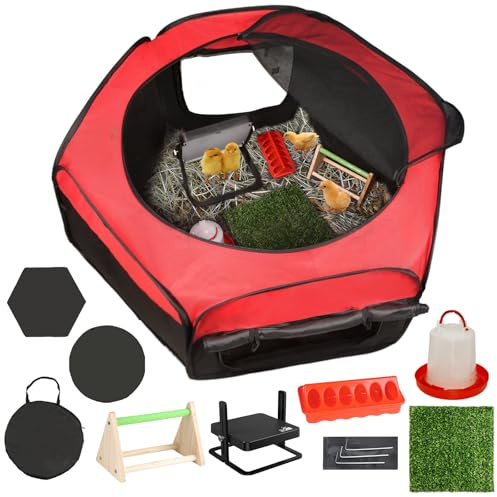 Brutkasten Starterset für Küken – Kükenaufzuchtbox/Zelt Doppeltür, 10 * 10 in Brooder Heating Plate,Nesting Pad,Chicks Feeder＆Waterer,Chick Perch Up to 15 Chicks,Duck,Quail