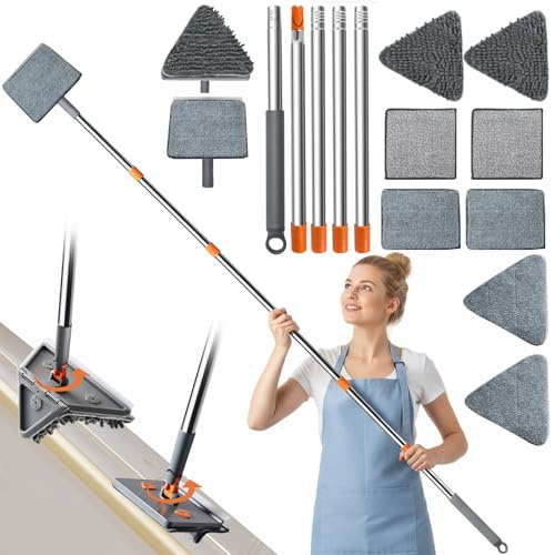 Kqpoinw 198cm Teleskop Fensterwischer mit Abzieher, Profi Fensterputzer Set,Langem Stiel Fensterreiniger mit Mikrofasertuch und Chenille Pad für Hohe Fenster Wände Glas Auto Bad Dusche Küche
