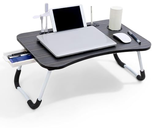 Warmiehomy Laptop Table with USB Ports, Laptop Desk with Drawer &Cup Holder&Pen Slots, Folding Bed Table, Laptop Tray with Legs on Bed or Sofa for Working/Reading, Black