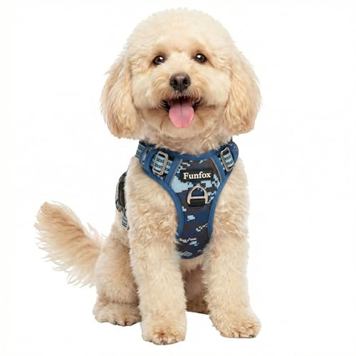 Funfox Hundegeschirr Kleine Hunde [S] - Anti Zug Welpengeschirr mit Griff & Ringreflektoren, Atmungsaktives Verstellbares No Pull Brustgeschirr für Kleine/Mittelgroße Hunde Outdoor Mosaik Blau