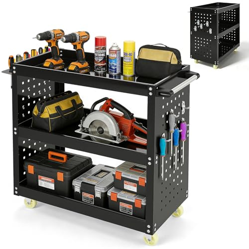 3-Tier Heavy Duty Tool Trolley on Wheels, 80kg Capacity Carbon Steel Rolling Cart with Lockable Wheels & Rust-Resistant Finish, Multi-Purpose Storage Organizer for Garage, Workshop, Home, Office