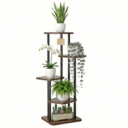 Ribech Soporte para Plantas de Interior Estante para Plantas 5 Niveles, Soporte de Flores de Metal para Interior/Exterior, Jardineras para Balcón Salón, Negro