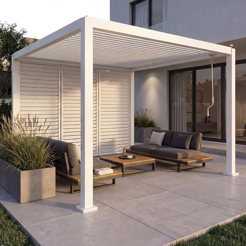 Mendler Pergola HWC-P65 mit 3X Lamellenwand Alu-Gestell 3x3m - weiß | Terrassenüberdachung, Garten, Lamellen-Pavillon, 10cm-Gestell