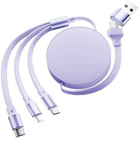 Diyuna Fast USB Multi Charger Cable, 120W 3 in 1 Multi Charging Cable with USB A/C, Charging Cable for Multiple Devices, Retractable Charger Cable Compatible for Phone, Pad, Laptop, Galaxy (Purple)