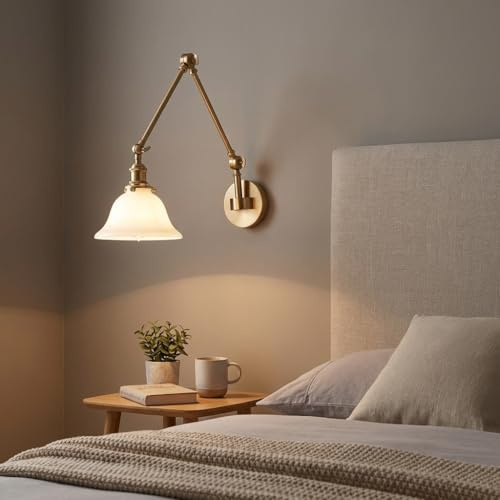 BARCELONA LED Aplique de Pared con Brazo Articulado Dorado y Pantalla de Vidrio Blanco, Estilo Vintage Industrial, Retro, Moderno y Minimalista, Ideal para Dormitorio, Sala, Comedor y Oficina