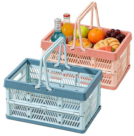 2 stycken små hopfällbara lådor, hopfällbar låda vikbar med handtag, stapelbara och utrymmesbesparande, vikbar förvaringslåda för kök, badrum, kontor, sovrum och garderober (blå + rosa, S-10 l)