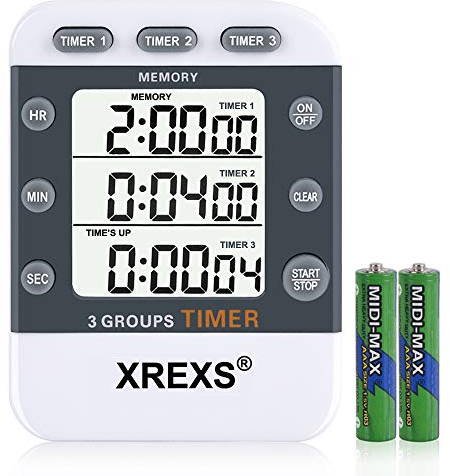 XREXS Digitaler 3 Kanäle Countdown/Stoppuhr Küchentimer, Timer für das Kochen, Stoppuhr, Großes Display, Rinstellbarer Alarm Timer mit Magnetischer Rückseite, Ständer, Lanyard (Batterie Enthalten)