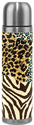 Linomo Thermosflasche Zebra Leopard Druck Edelstahl Wasserflasche,Isoliert Auslaufsicher, Doppelwandig Vakuumflasche für Sport Reise Camping Büro 500 ml