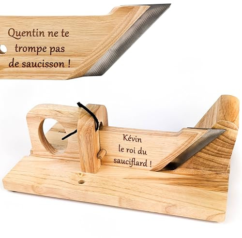 KDO MAGIC - Guillotine saucisson Personnalisé (Modèle Texte) | Idée cadeau fête des pères, papa, homme, noël | Trancheuse apéro gravée avec votre texte